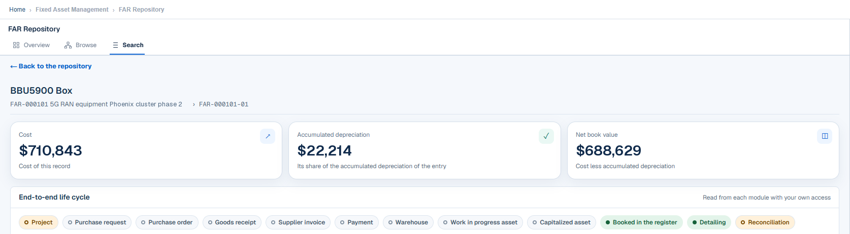assetziq screen: Trace one asset from project to register.